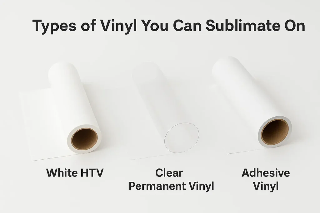 Types of vinyl for sublimation including white HTV, clear permanent vinyl, and sublimation adhesive vinyl rolls